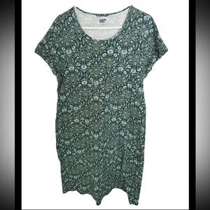 LANDS' END Women's Green Blue Floral Scoop Neck  Shift Cotton Midi Dress Size XL